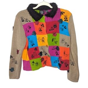 Vintage Y2K Christine Rotelli Fall Autumn Bear  umbrella patch quilt sweater P